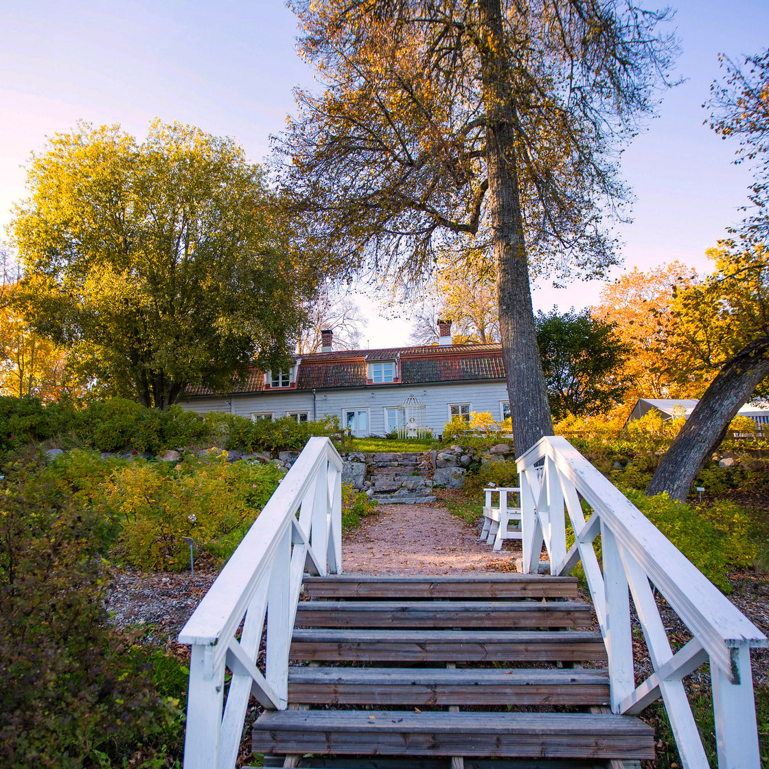 Valkoiset ulkoportaat, jotka johtavat tielle, joka vie talolle.