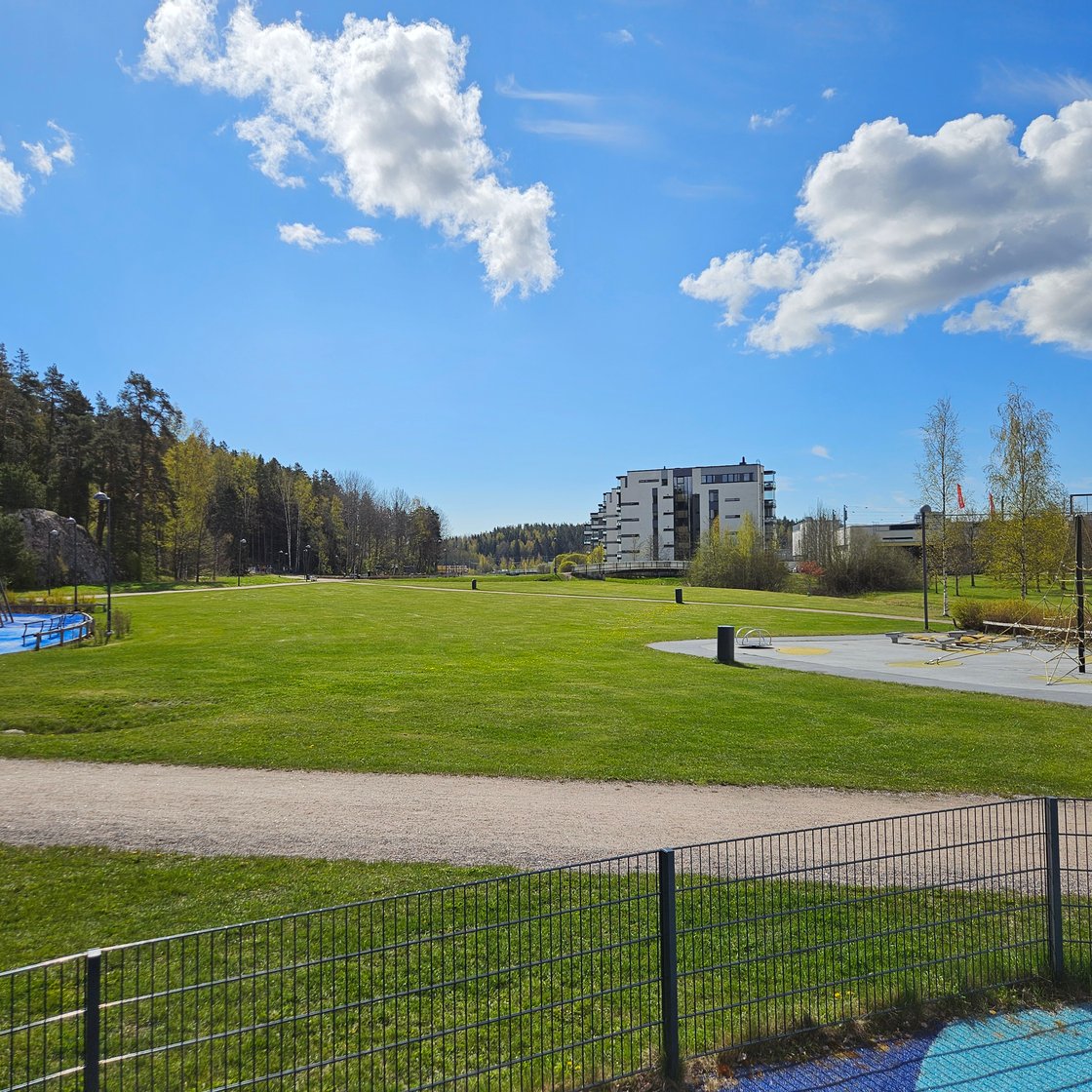 Kirkkonummen Kirsikkapuisto aurinkoisena kesäpäivänä. Näköpiirissä pääasiassa nurmialuetta, taustalla kerrostaloja ja edustalla hieman leikkipuistoja