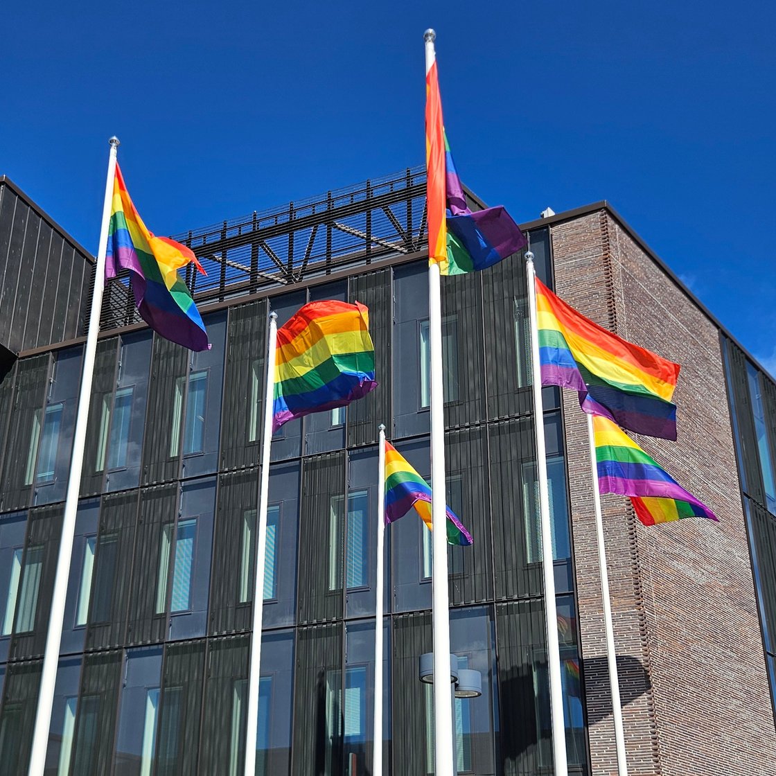 Sateenkaarilippu liehuu Kirkkonummen kunnantalon lipputangossa kesäkuussa 2026.