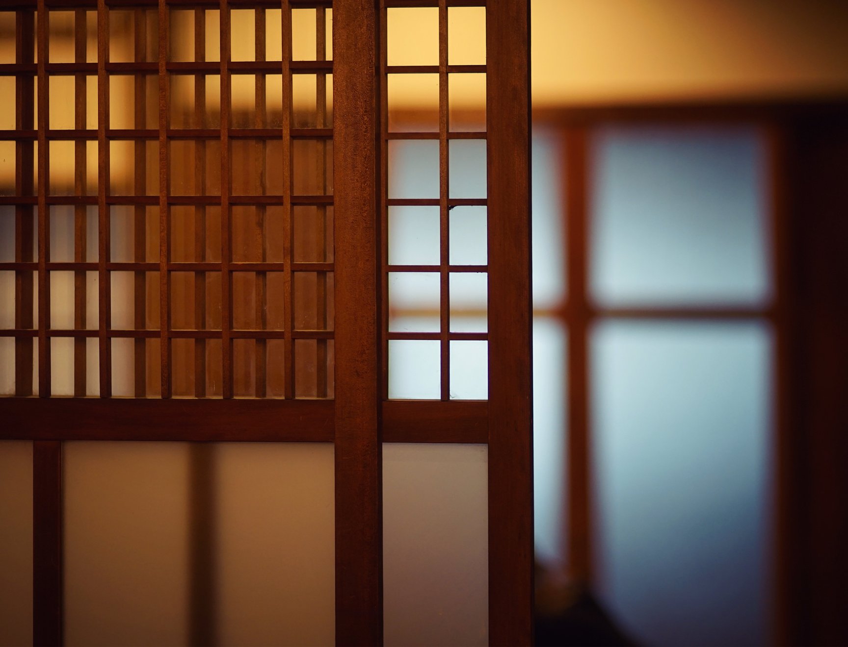 Kuva japanilaistyylisestä sermistä, jonka takana näkyy sumeasti huone.