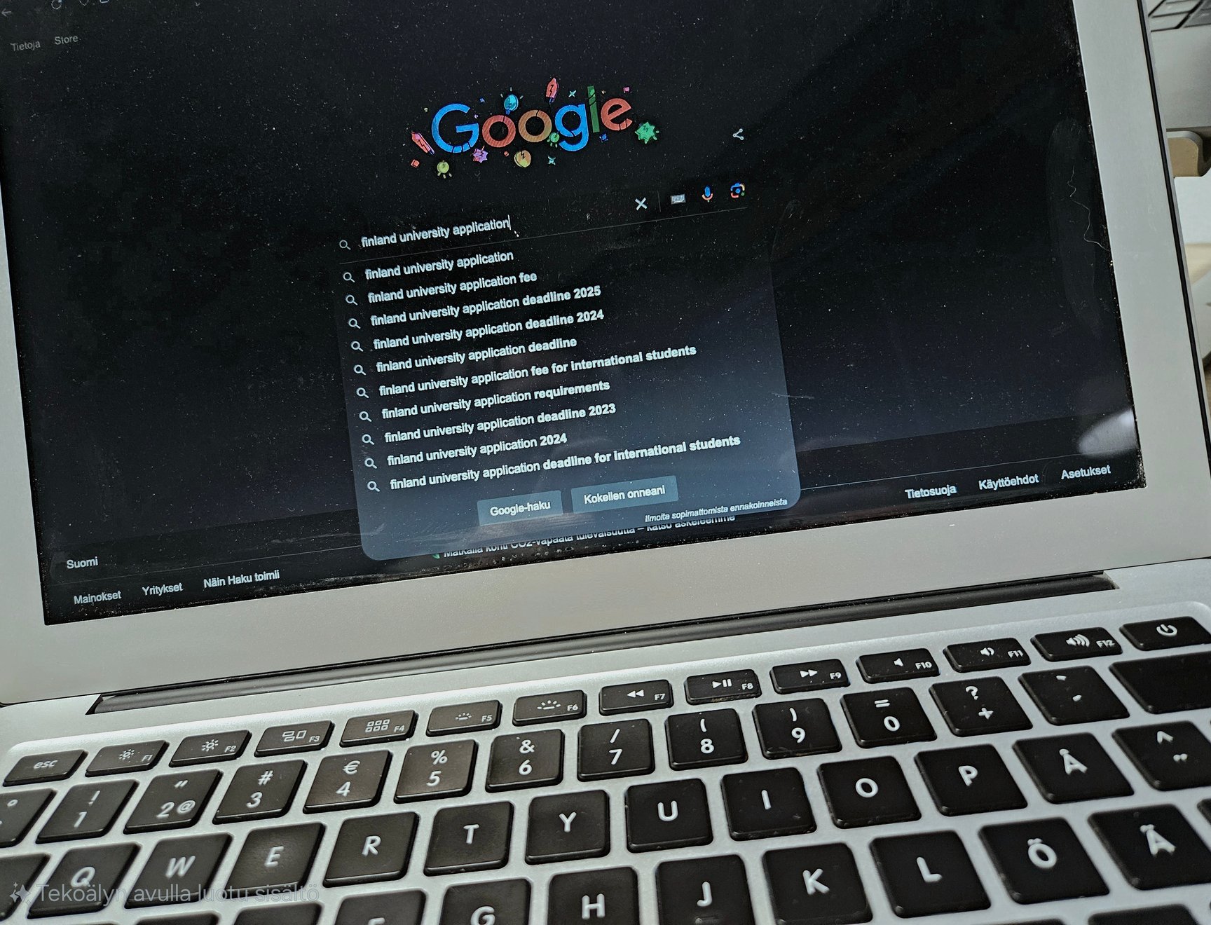 Kannettavan tietokoneen ruutu, jossa on auki Google ja haku "Finland university application"